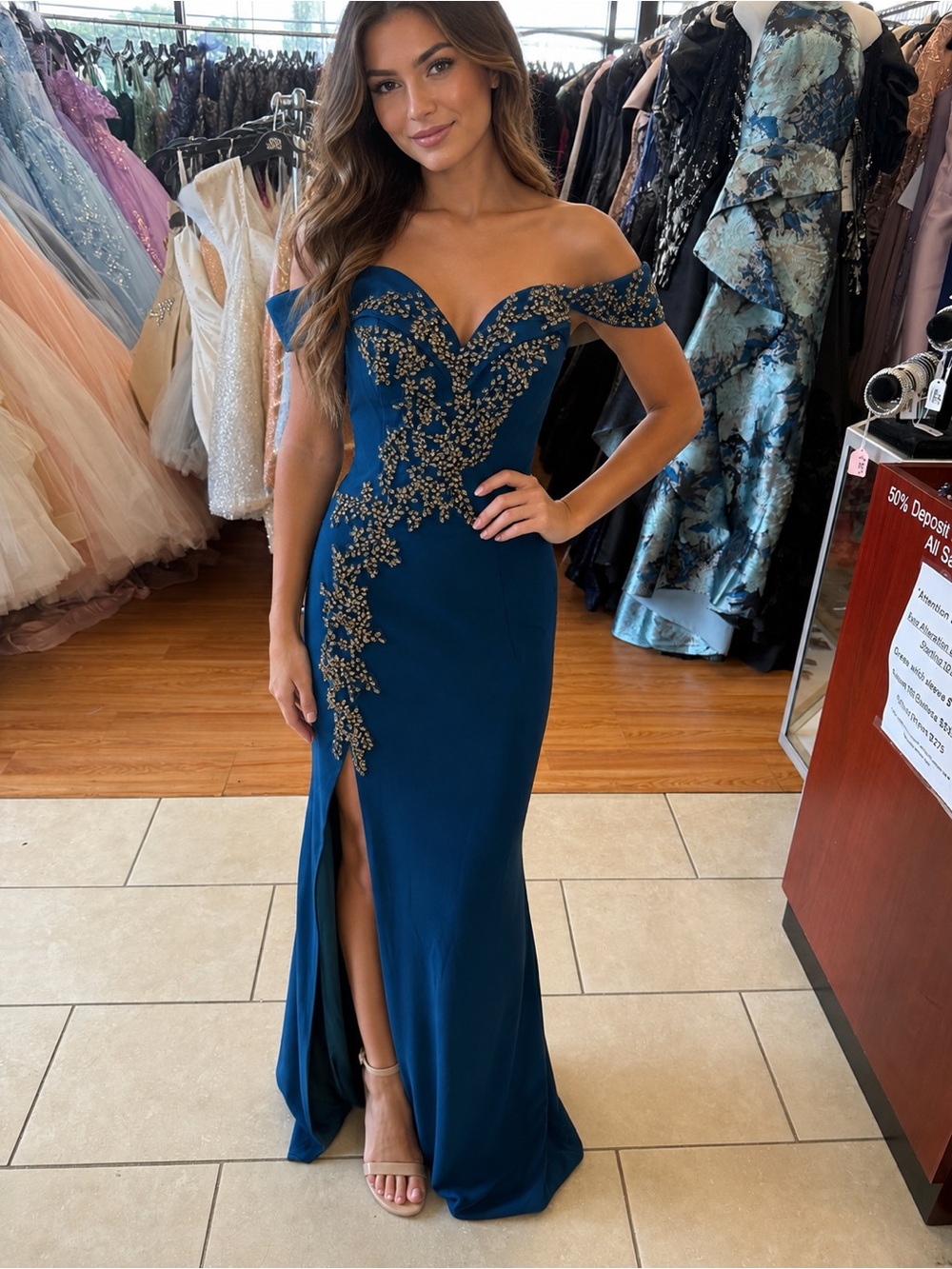 Off-Shoulder Teal Evening Gown with silver Embellishment size 6 Nicoletta